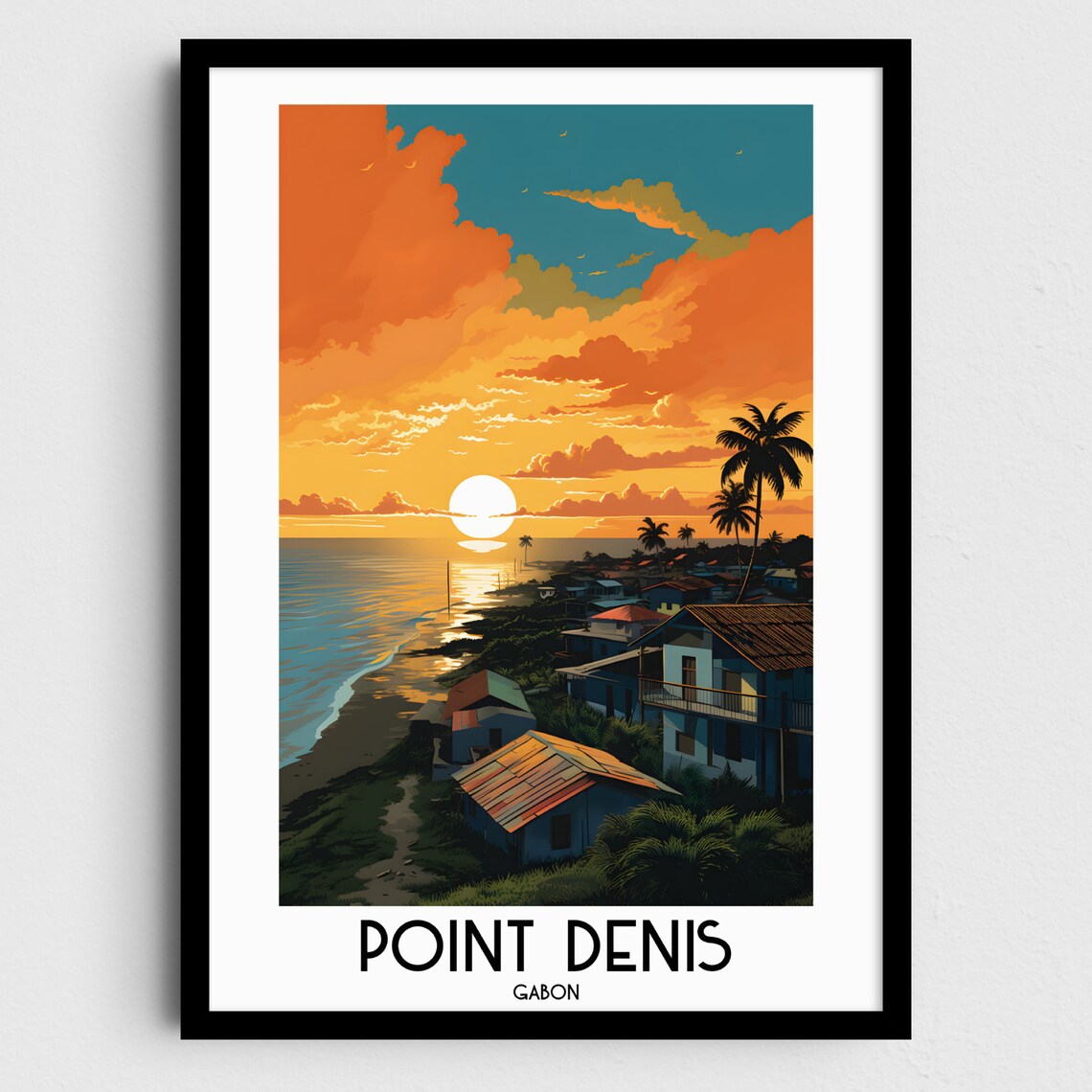 Point Denis Gabon Golden Sunset Coast Beach Palms Travel Poster