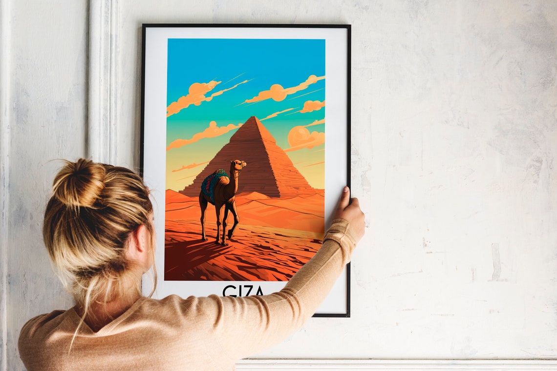 Giza Egypt Camel Standing Before the Great Pyramid Travel Poster - Image 2