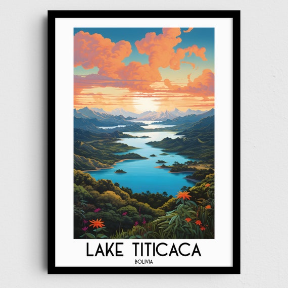 Lake Titicaca Glowing Sunset Wildflowers Mountains Bolivia Travel Poster