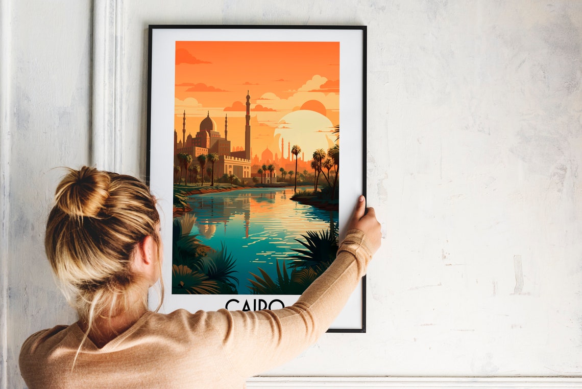Cairo Egypt Mosque Nile Riverside Sunset Vintage Travel Poster - Image 2
