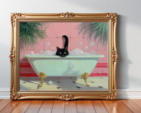 Vintage Black Cat Bathroom Art Print