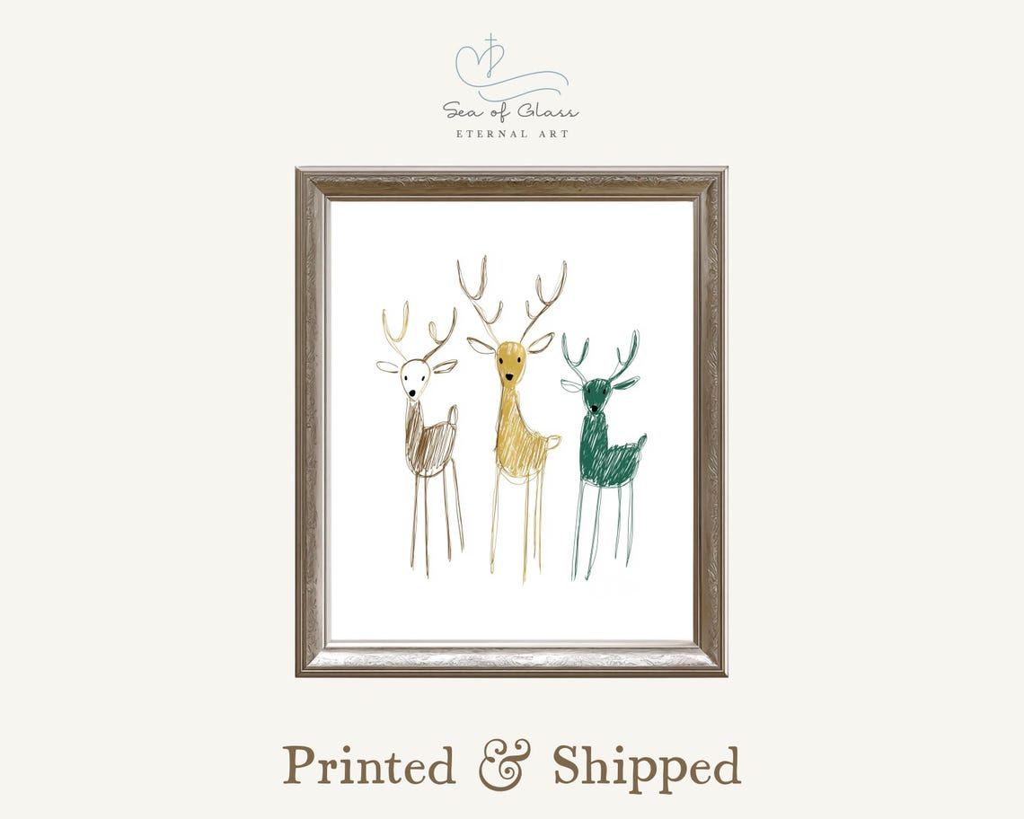 Three Minimalist Sketched Reindeer In Green And Gold Holiday Poster
