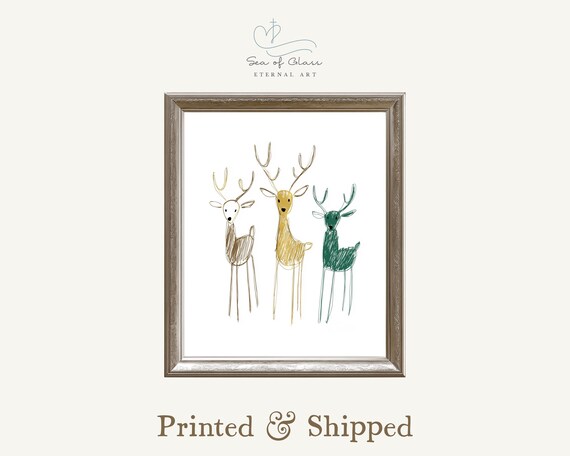 Three Minimalist Sketched Reindeer In Green And Gold Holiday Poster