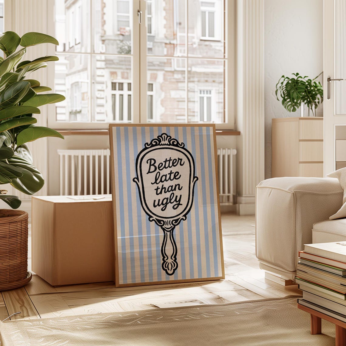 Better Late Than Ugly Vintage Hand Mirror Blue Striped Art Poster