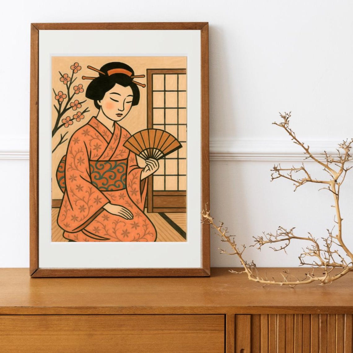 Japanese Geisha in Orange Kimono Holding Folding Fan Art Poster