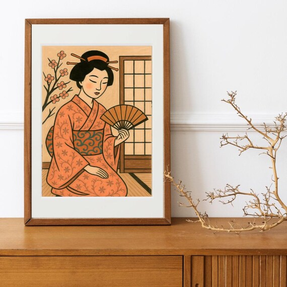 Japanese Geisha in Orange Kimono Holding Folding Fan Art Poster