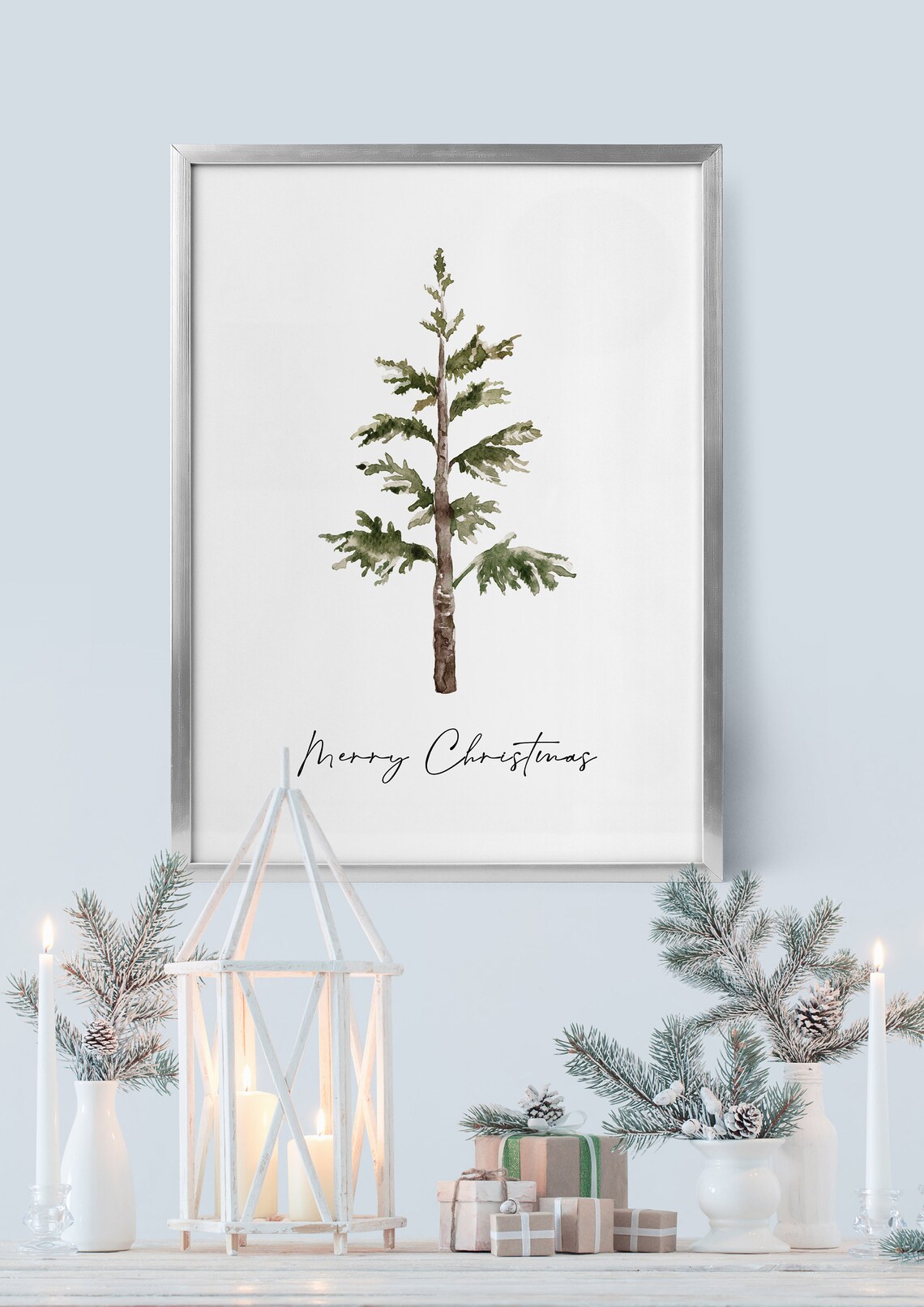 Merry Christmas Watercolor Pine Tree Minimalist Holiday Art Poster - Image 5