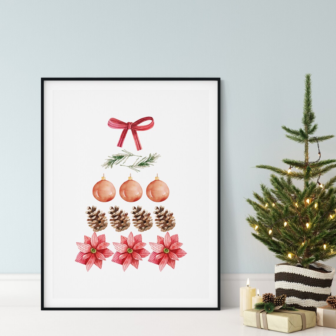 Watercolor Botanical Christmas Tree Made Of Holiday Ornaments Poster - Image 5