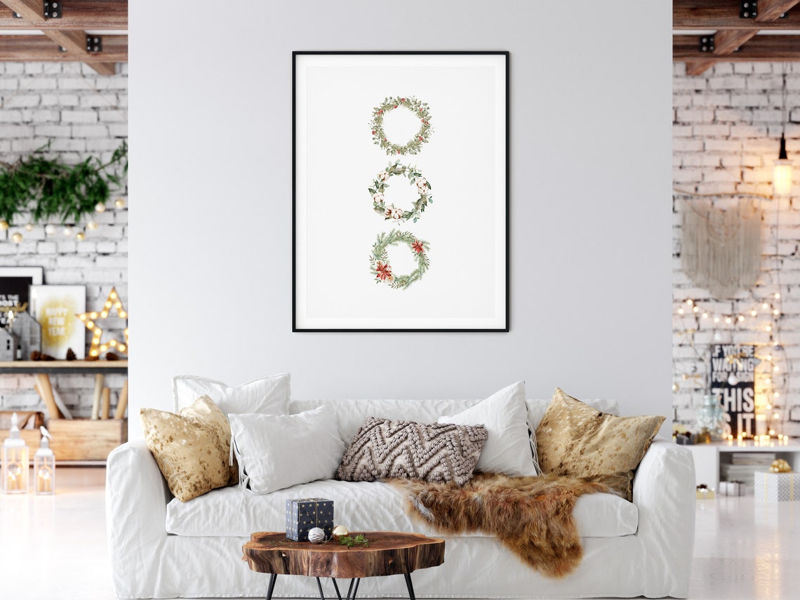 Watercolor Christmas Wreath Trio Botanical Holiday Wall Poster - Image 4