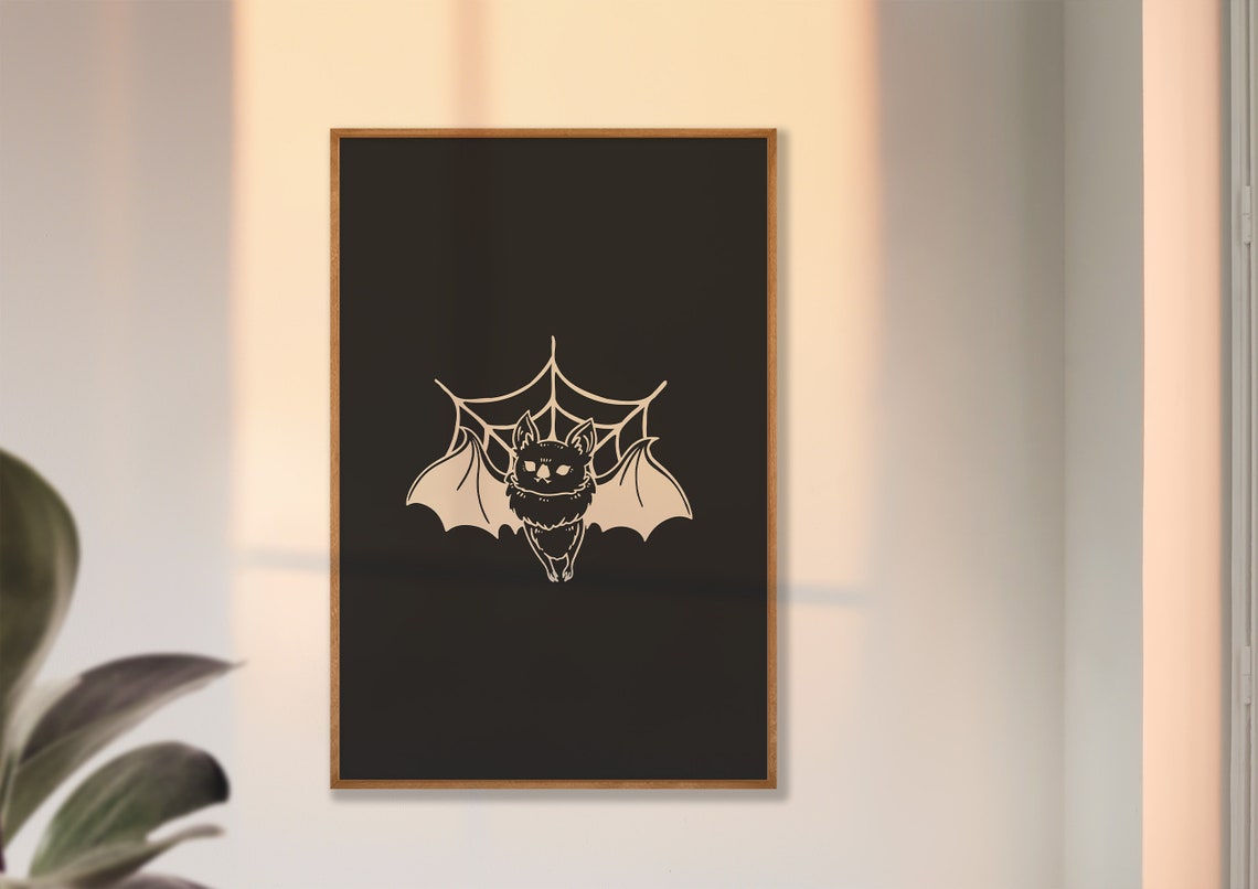 Cute Bat Resting on Spiderweb Monochrome Halloween Art Wall Poster - Image 4
