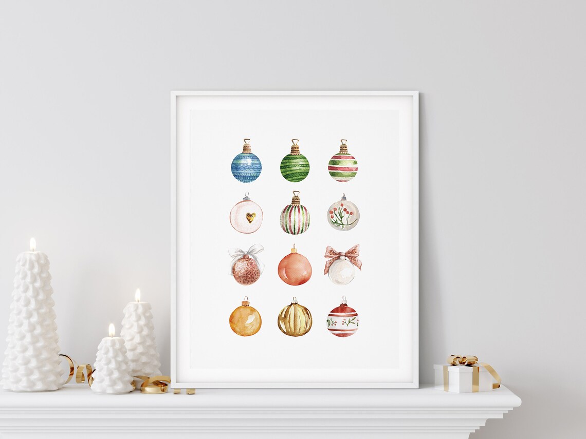 Watercolor Christmas Ornaments Baubles Grid Festive Style Poster - Image 4
