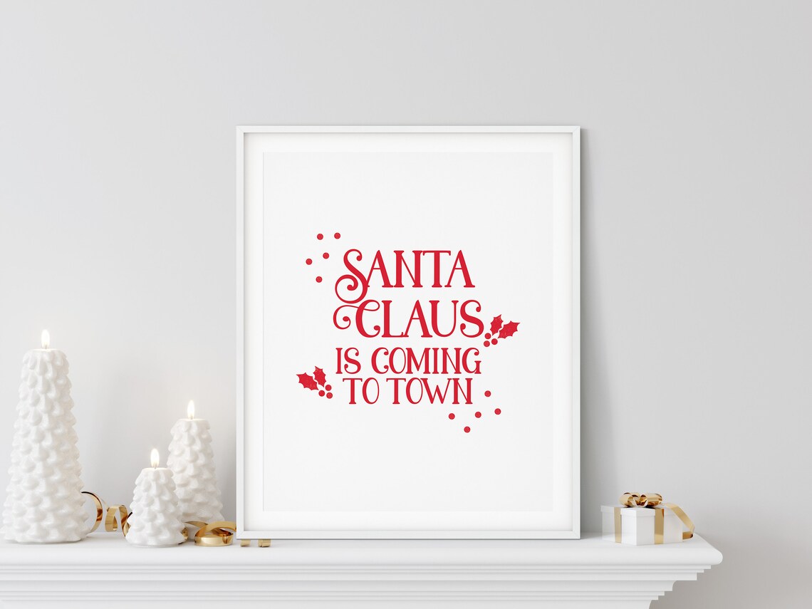 Santa Claus Is Coming to Town Holly Red Lettering Christmas Poster - Image 3