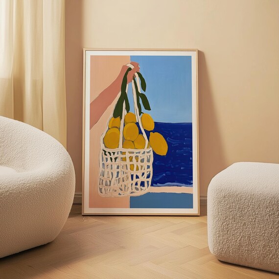 Fresh Lemons in Net Bag Art Print with Blue Sea Coastal Summer Scene