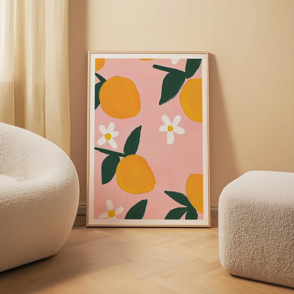 Orange Blossom Art Print Pink Kitchen Pattern with Citrus Flowers
