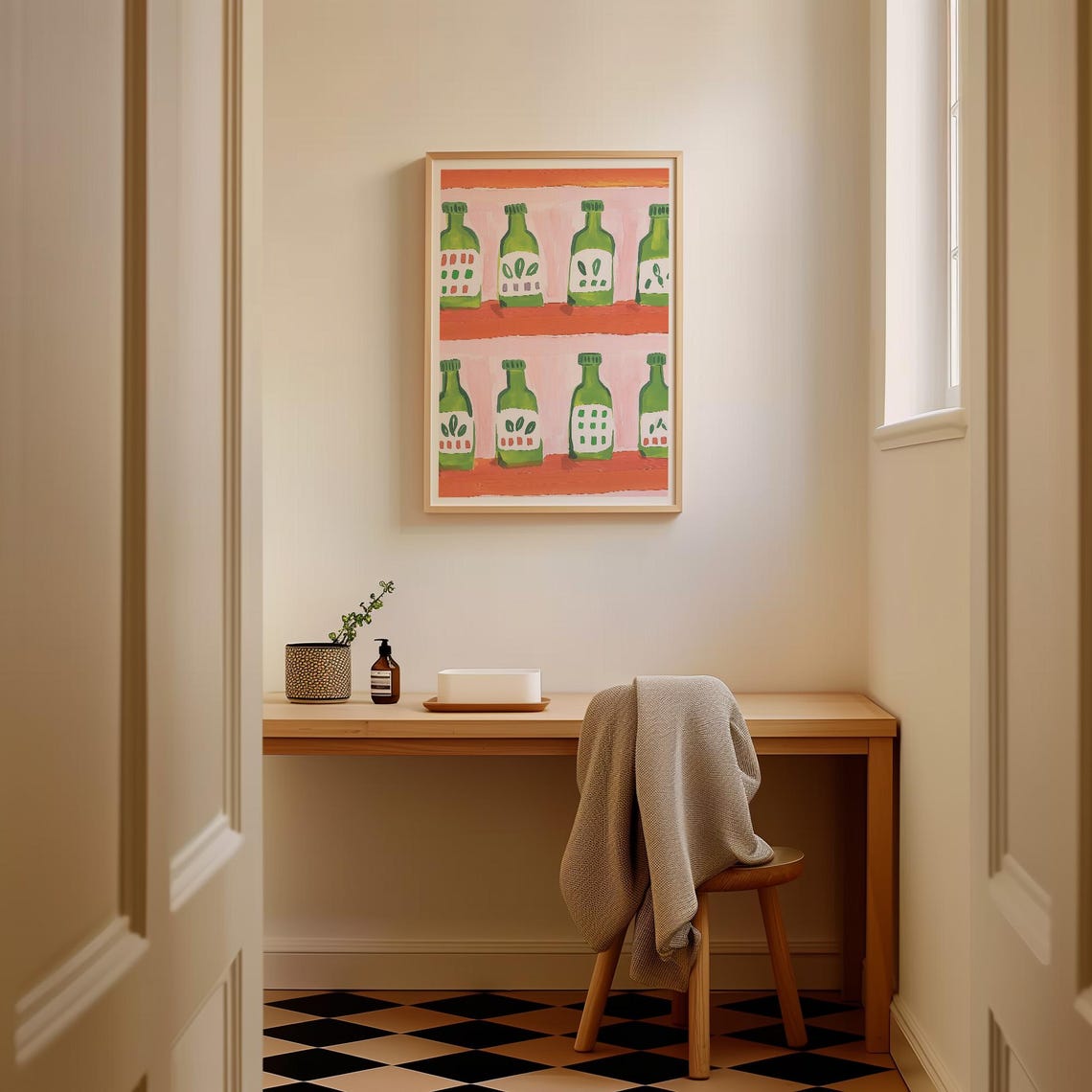 Retro Olive Oil Bottles on Orange Shelves Kitchen Art Poster - Image 3