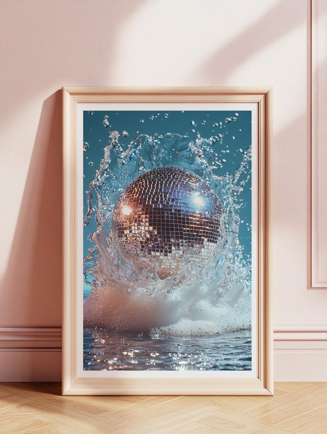 Disco Ball Splashing Into Teal Water Modern Abstract Glam Poster - Image 2