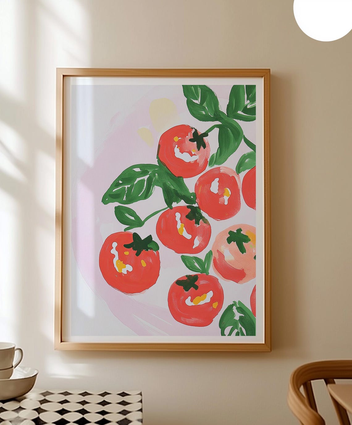 Juicy Painterly Tomato and Basil Still Life on Blush Pink Poster - Image 2