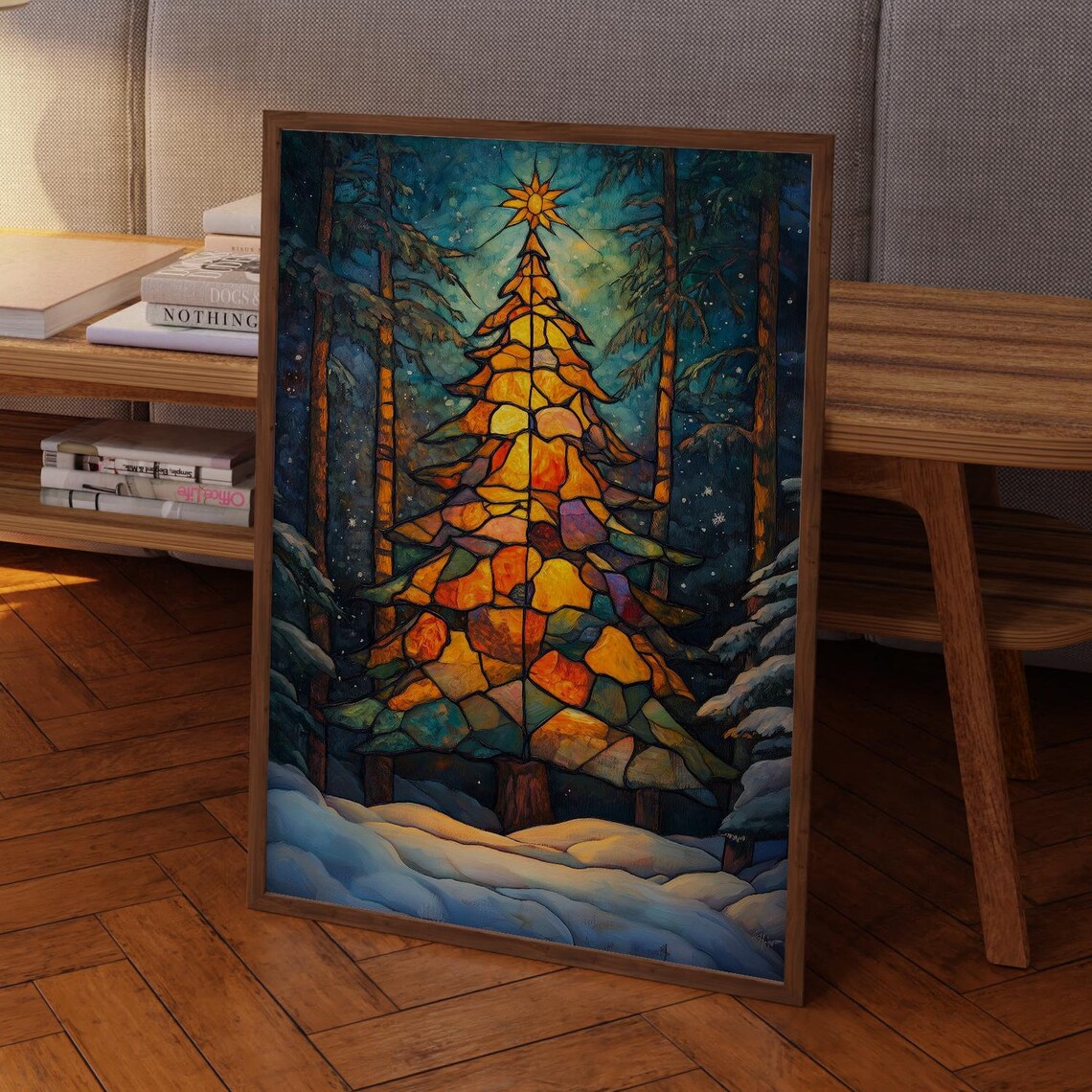 Stained Glass Style Christmas Tree in Snowy Night Forest Art Print