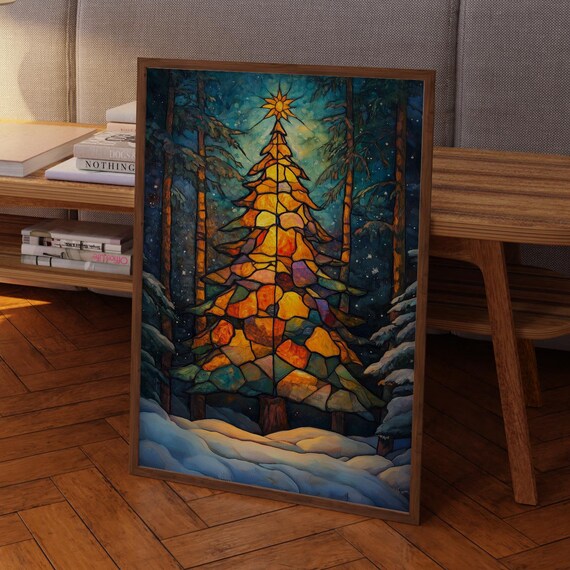 Stained Glass Style Christmas Tree in Snowy Night Forest Art Print