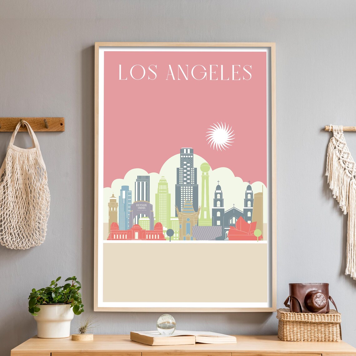 Los Angeles Pink Skyline Flat Illustration Travel Cityscape Poster