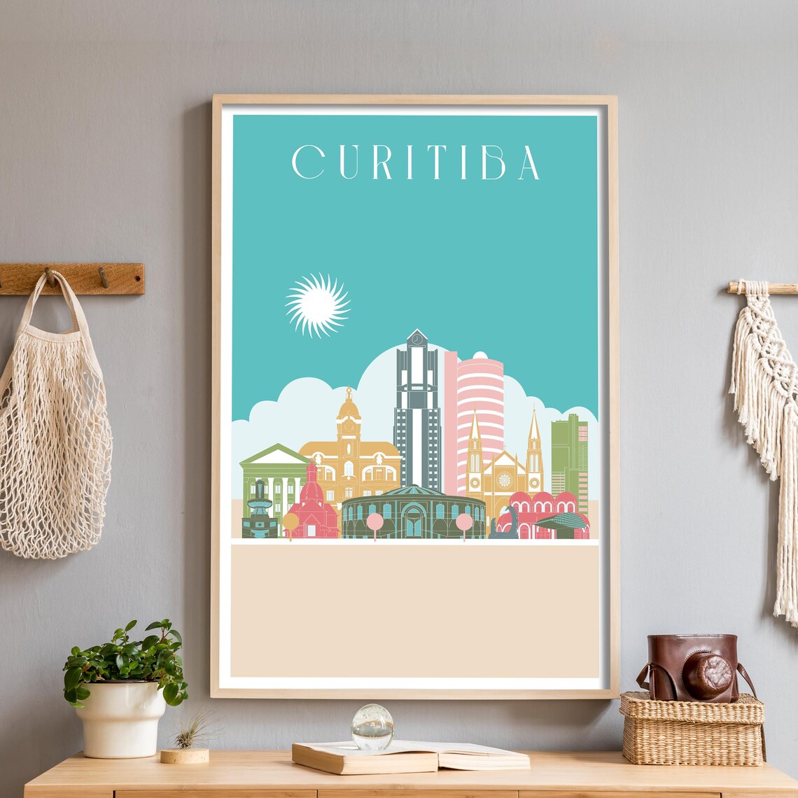 Curitiba Brazil Illustrated City Skyline Sunset Travel Poster