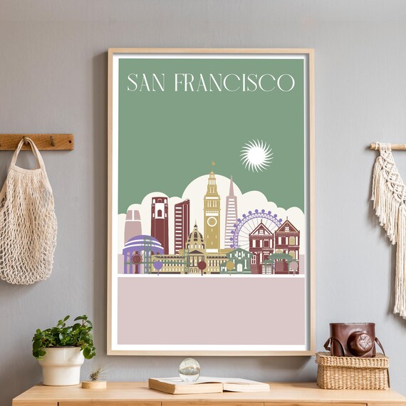 San Francisco California Sage Green Skyline Illustration Poster