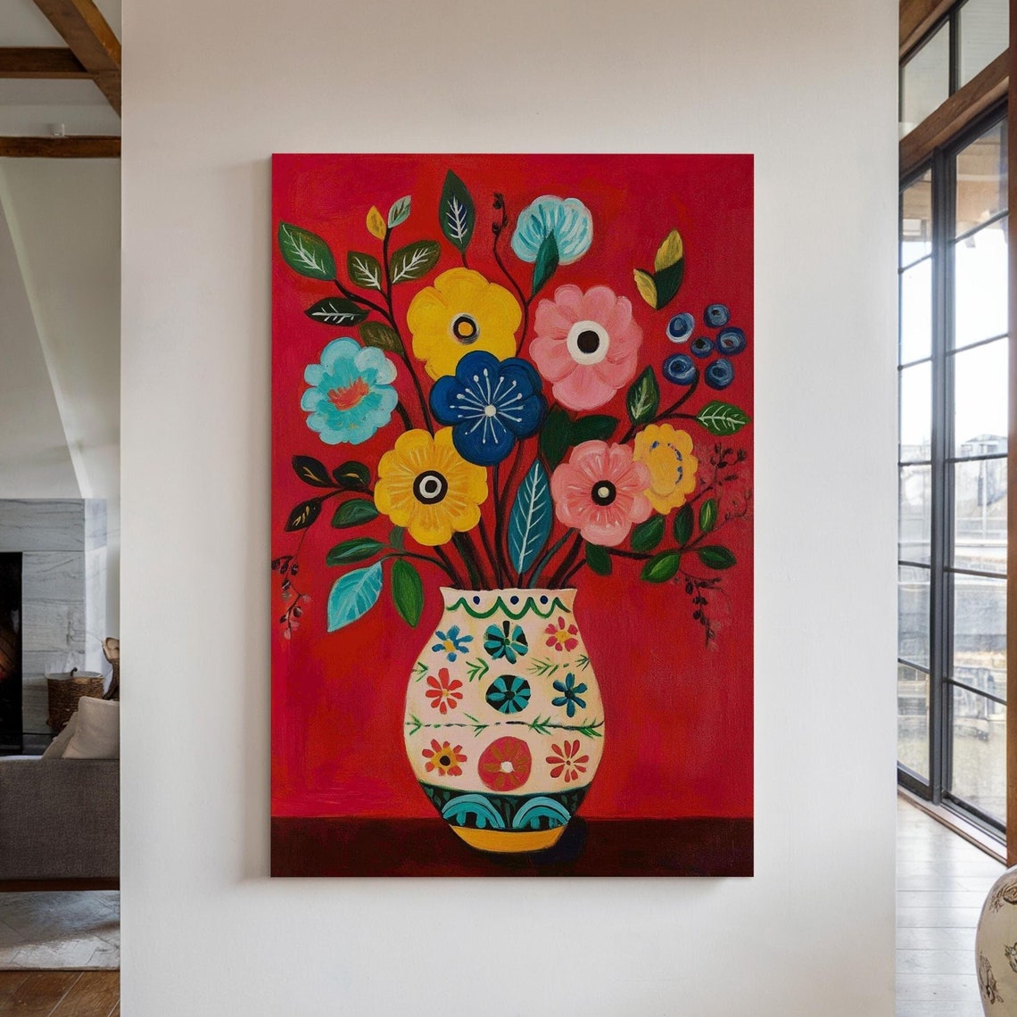 Vibrant Folk Art Floral Bouquet In A Patterned Vase On Bold Red Background