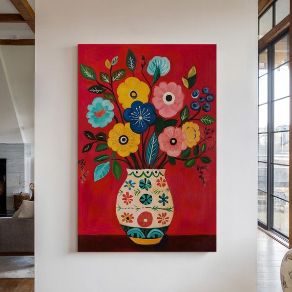 Vibrant Folk Art Floral Bouquet In A Patterned Vase On Bold Red Background