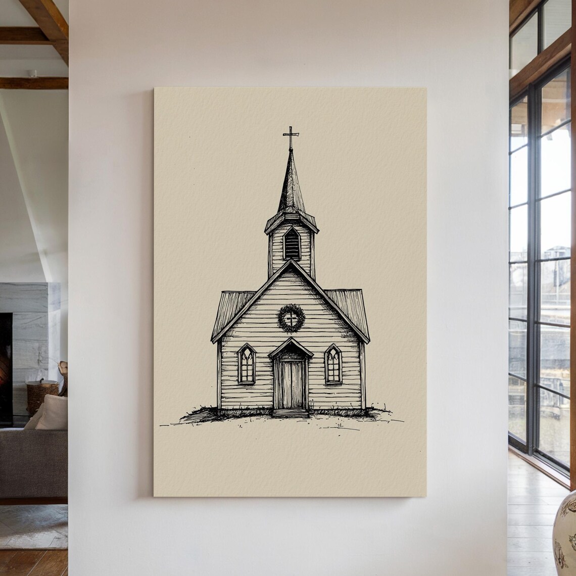Vintage Church Ink Drawing, Rustic Chapel Sketch