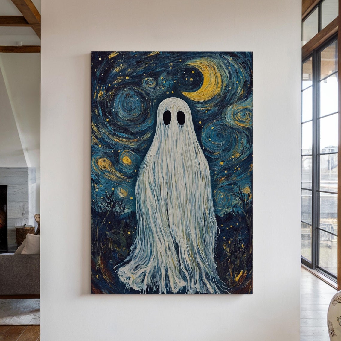 Cute Ghost in Swirling Starry Night Moon Van Gogh Style Wall Poster