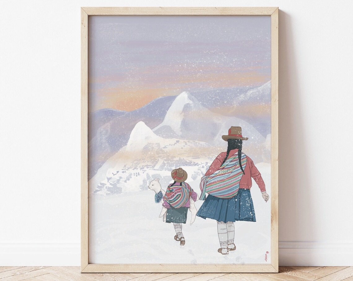 Machu Picchu Peru Alpaca Andean Women Sunrise Mountain Poster