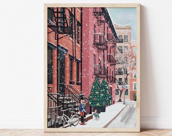 New York Christmas Snowy Brownstone Nutcracker Dog Holiday Poster