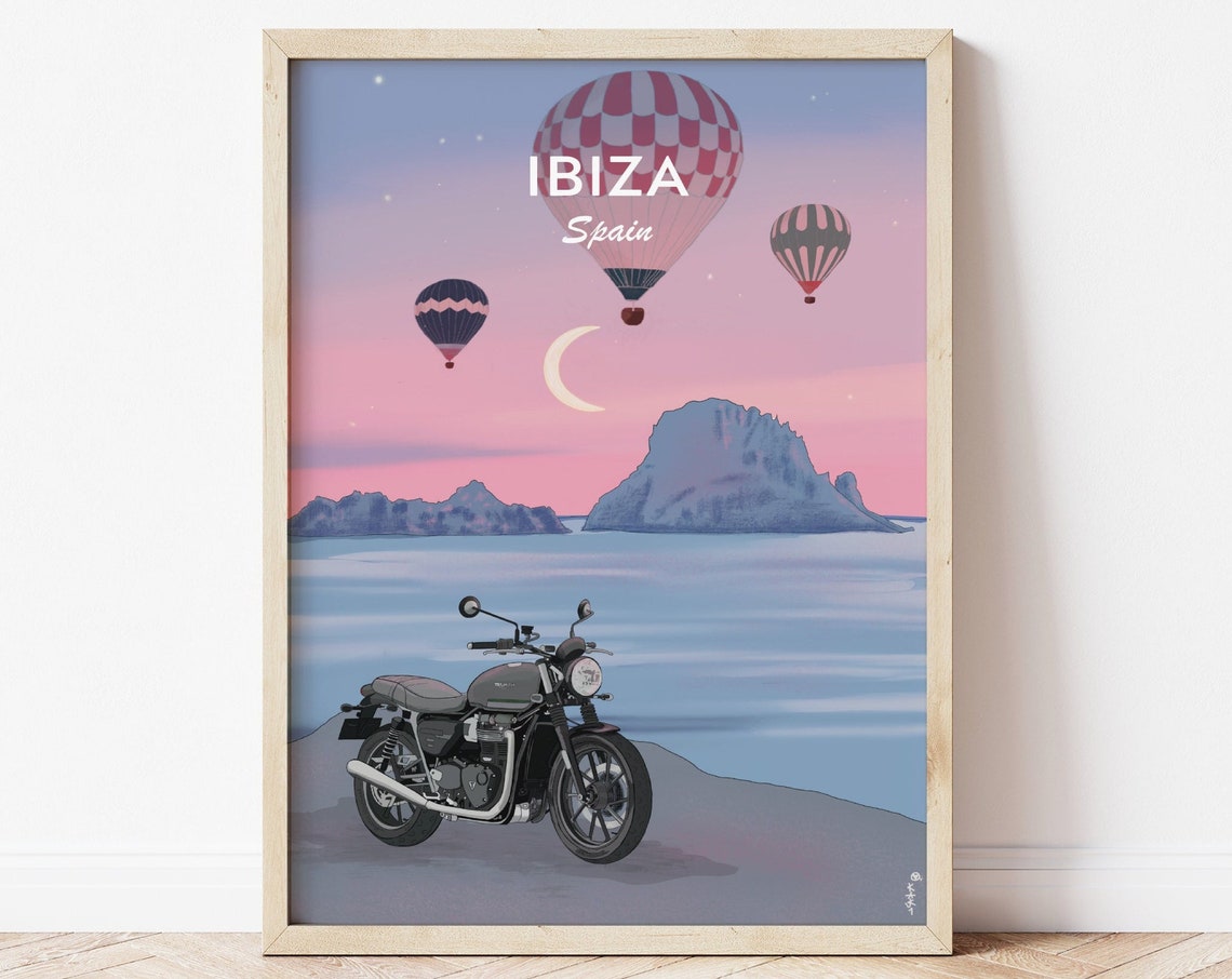Ibiza Spain Motorcycle Balloons Crescent Moon Sunset Travel Poster