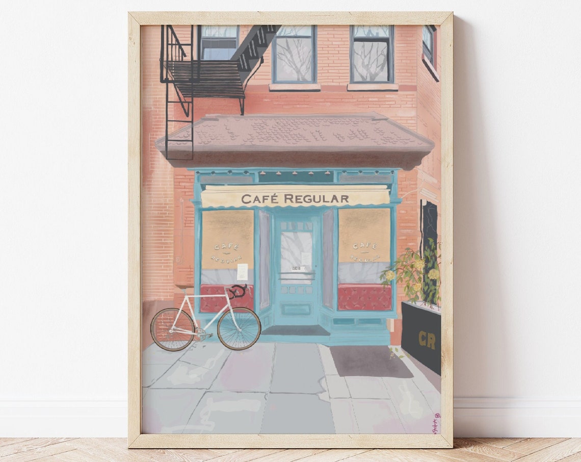 New York Illustration New York Coffeeshop Print Brooklyn Poster New York Print Greenwich Village Art New York City Wall Art