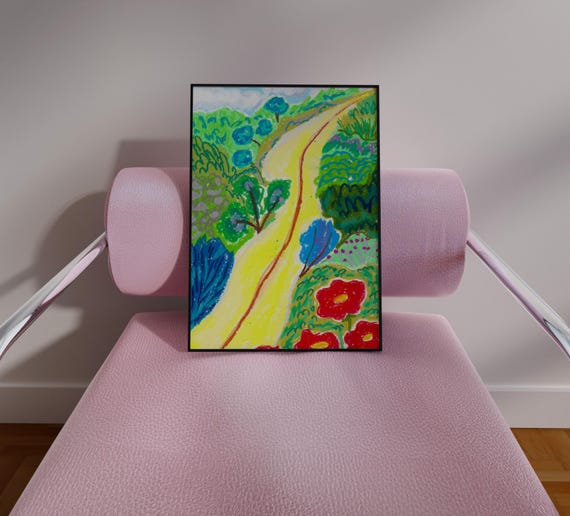 Colorful Jungle Road Art Print, Handdrawn Scenery