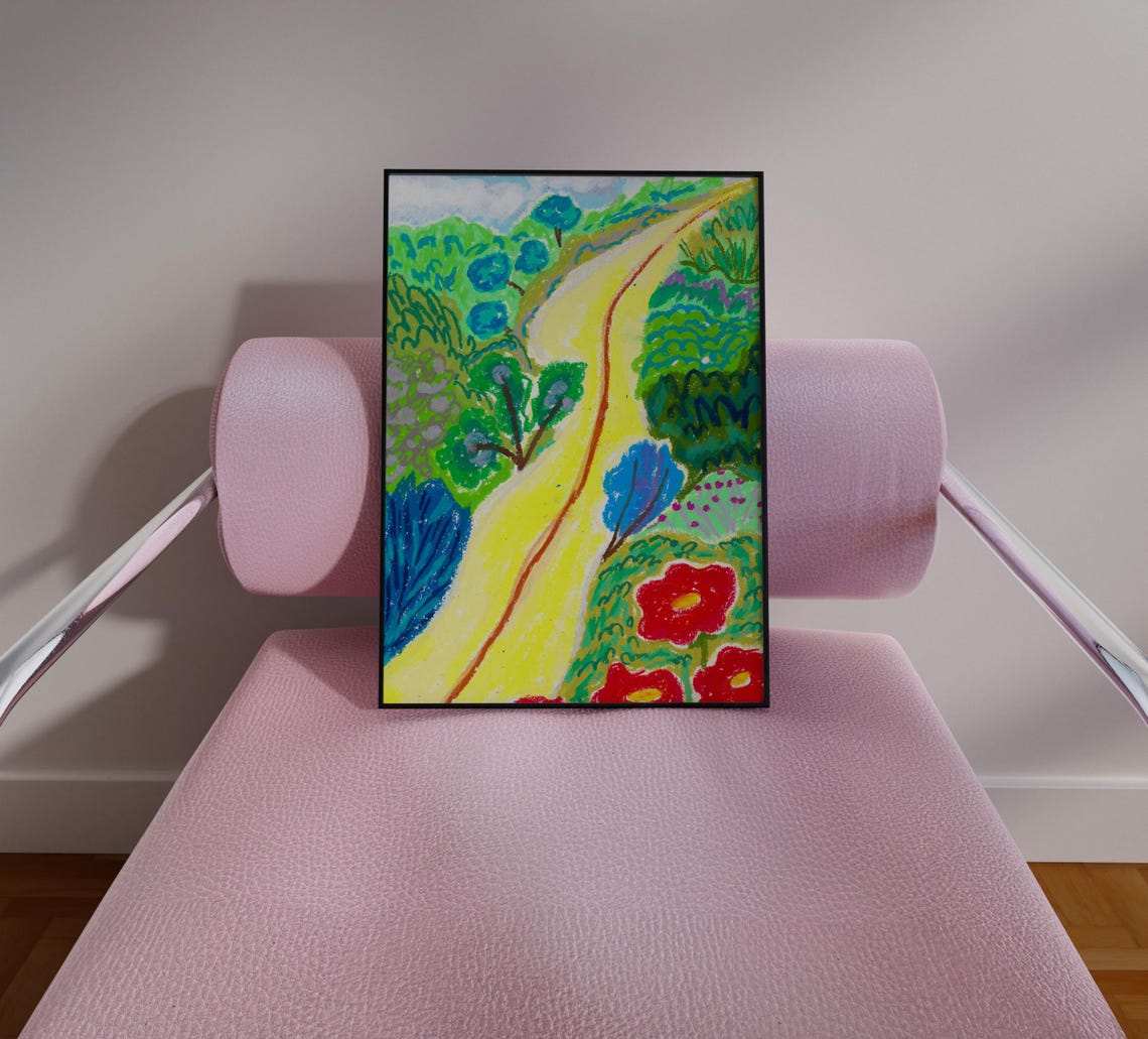 Colorful Jungle Road Art Print, Handdrawn Scenery