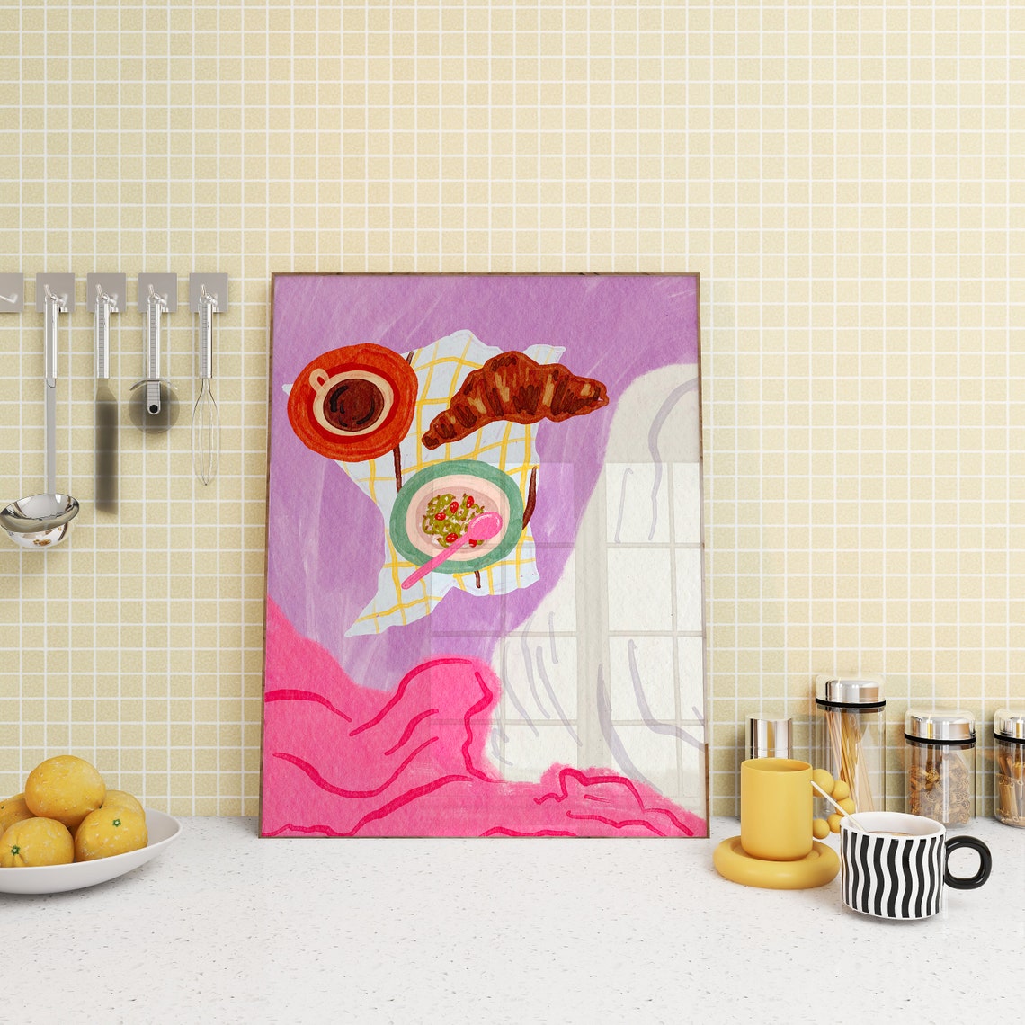 Croissant Coffee Breakfast Red Checker Playful Kitchen Poster