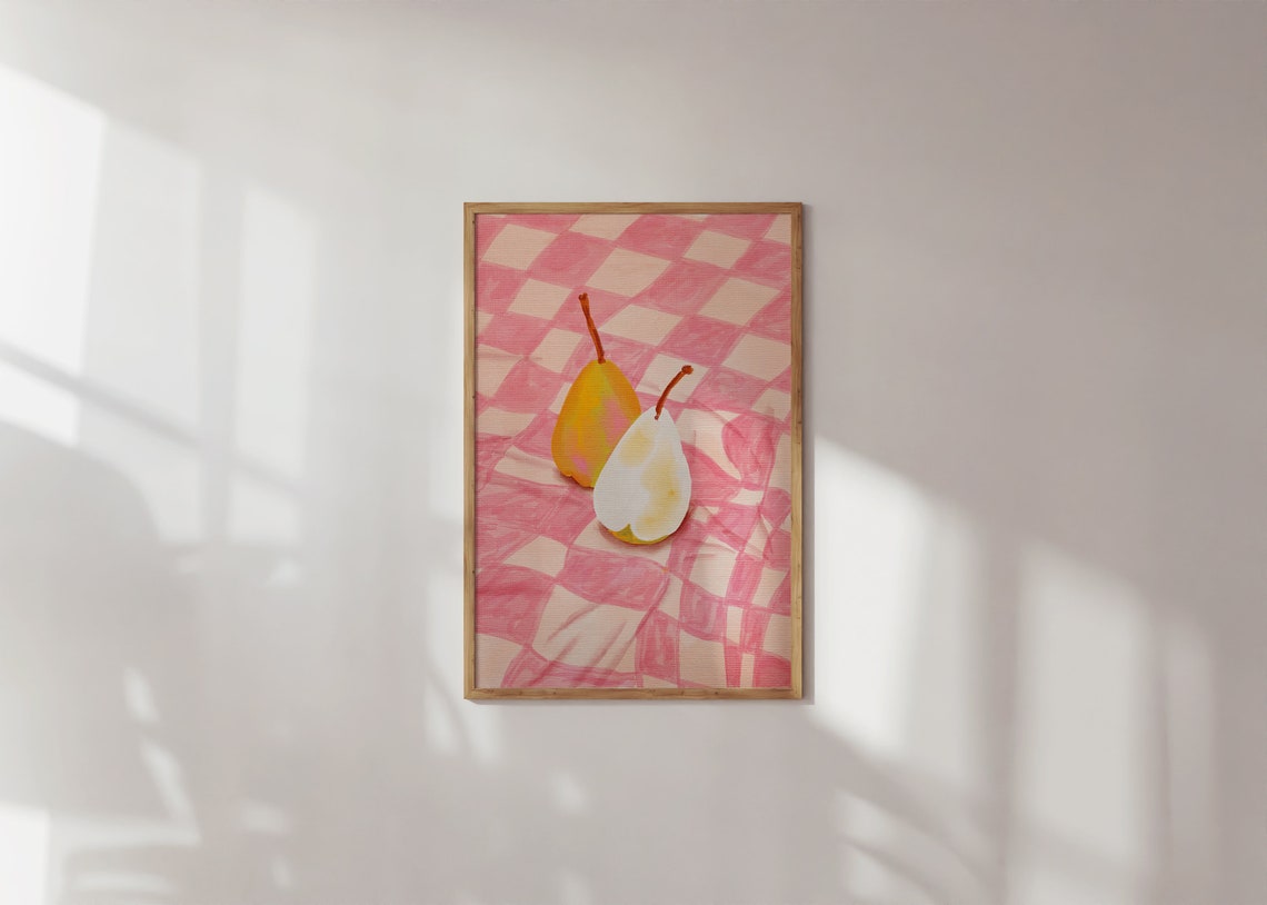 Pear Fruit Illustration Pink Checkerboard Kitchen Art