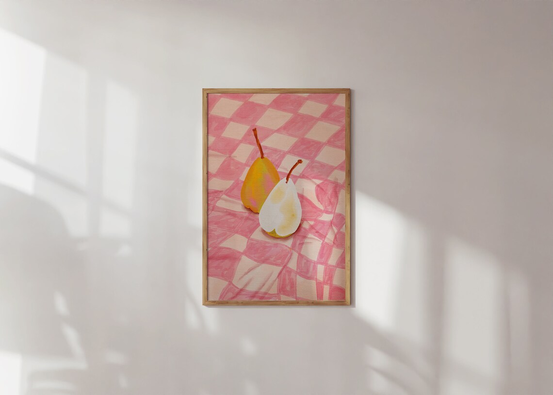 Pink Checkered Pear Art Print Cute Fruit Illustration Playful Kitchen Decor