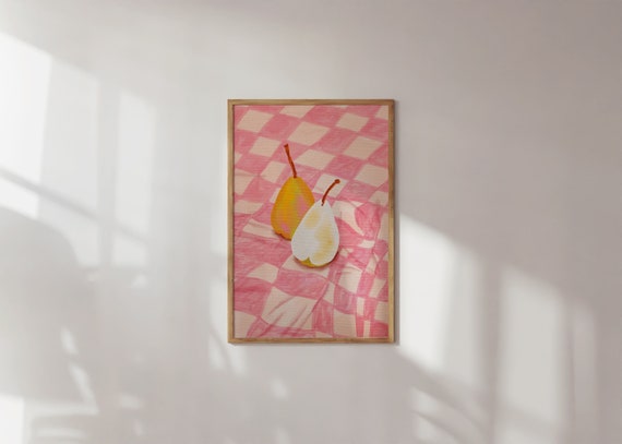 Pear Fruit Illustration Pink Checkerboard Kitchen Art