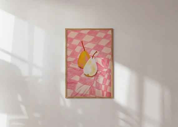 Pink Checkered Pear Art Print Cute Fruit Illustration Playful Kitchen Decor