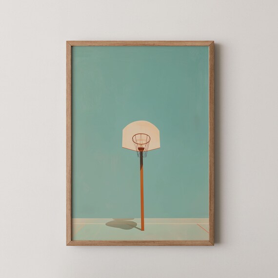 Minimalist Basketball Hoop Teal Sky Vintage Court Sports Poster