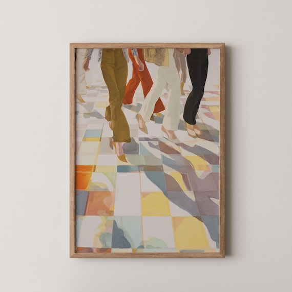 Whimsical Dancing Women Retro 70s Flared Pants Dance Wall Art