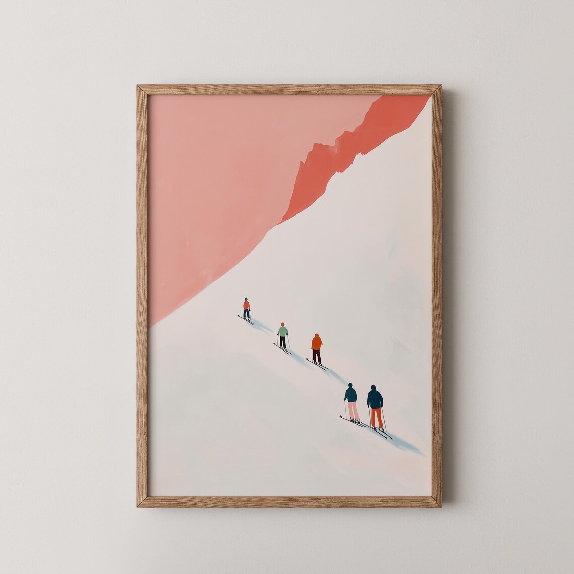 Minimalist Skiers on Pink Mountain Slope Modern Winter Art Poster