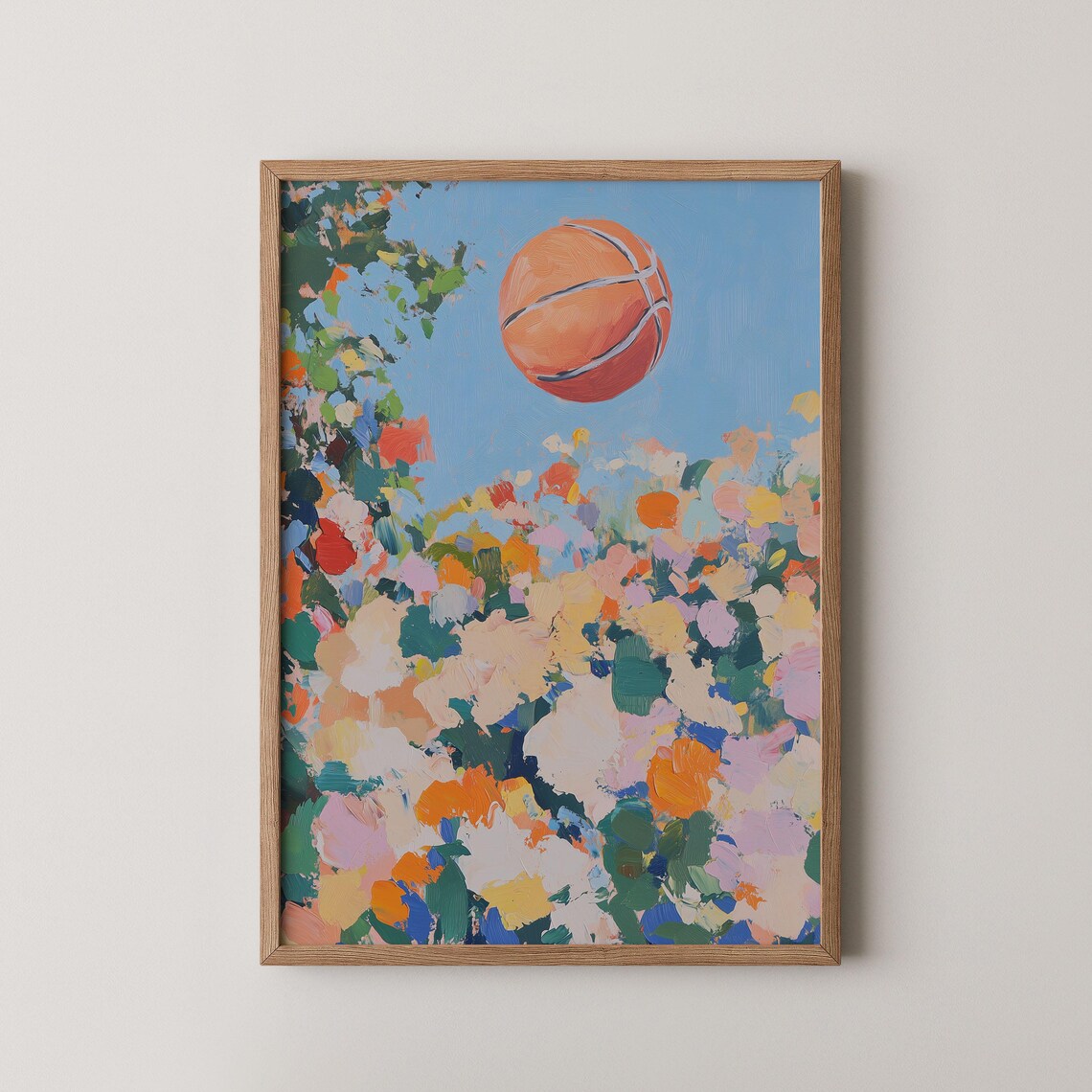 Basketball Bouncing Over Colorful Wildflowers Pop Art Sports Poster