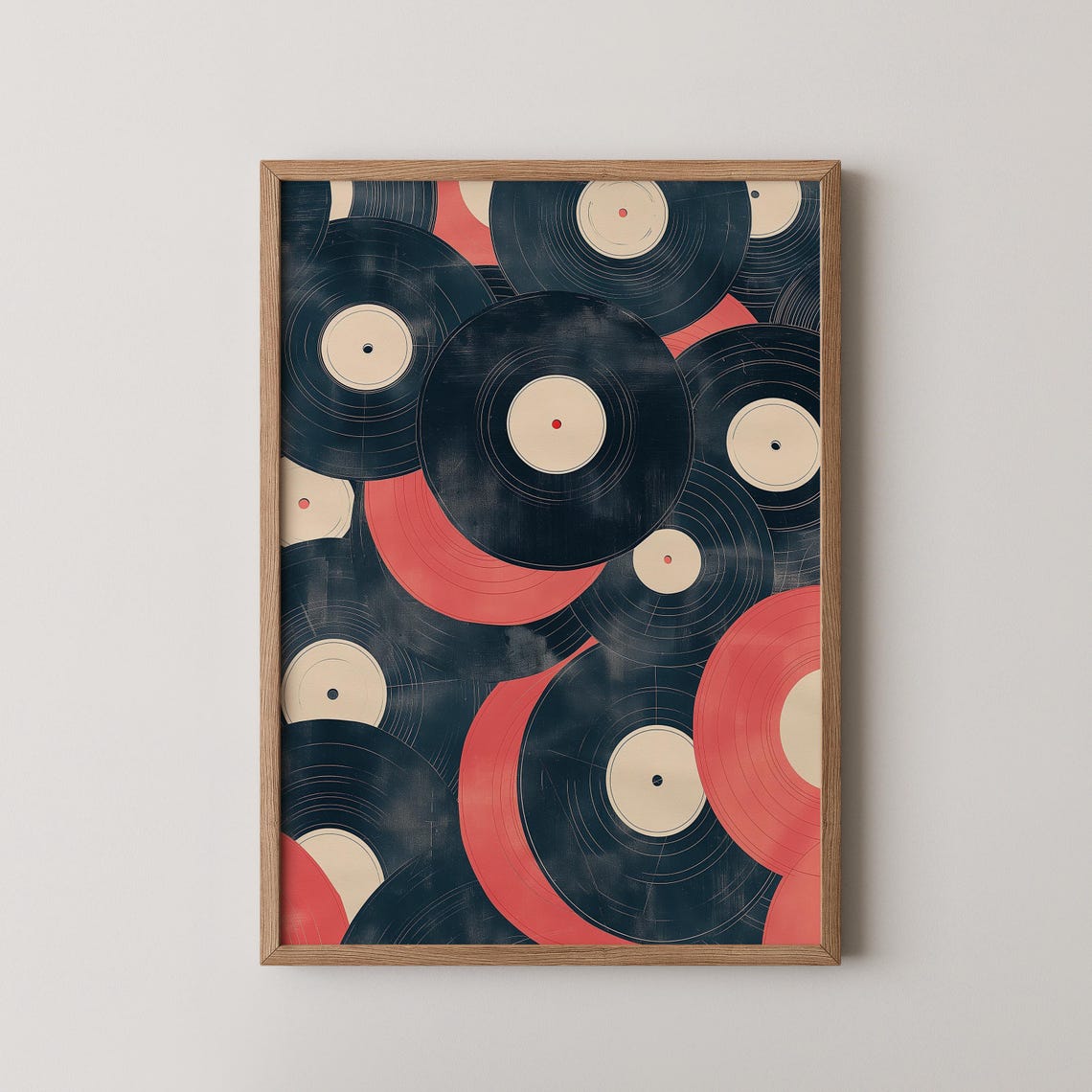Retro Vinyl Records Black Red Mid Century Modern Music Room Art Poster