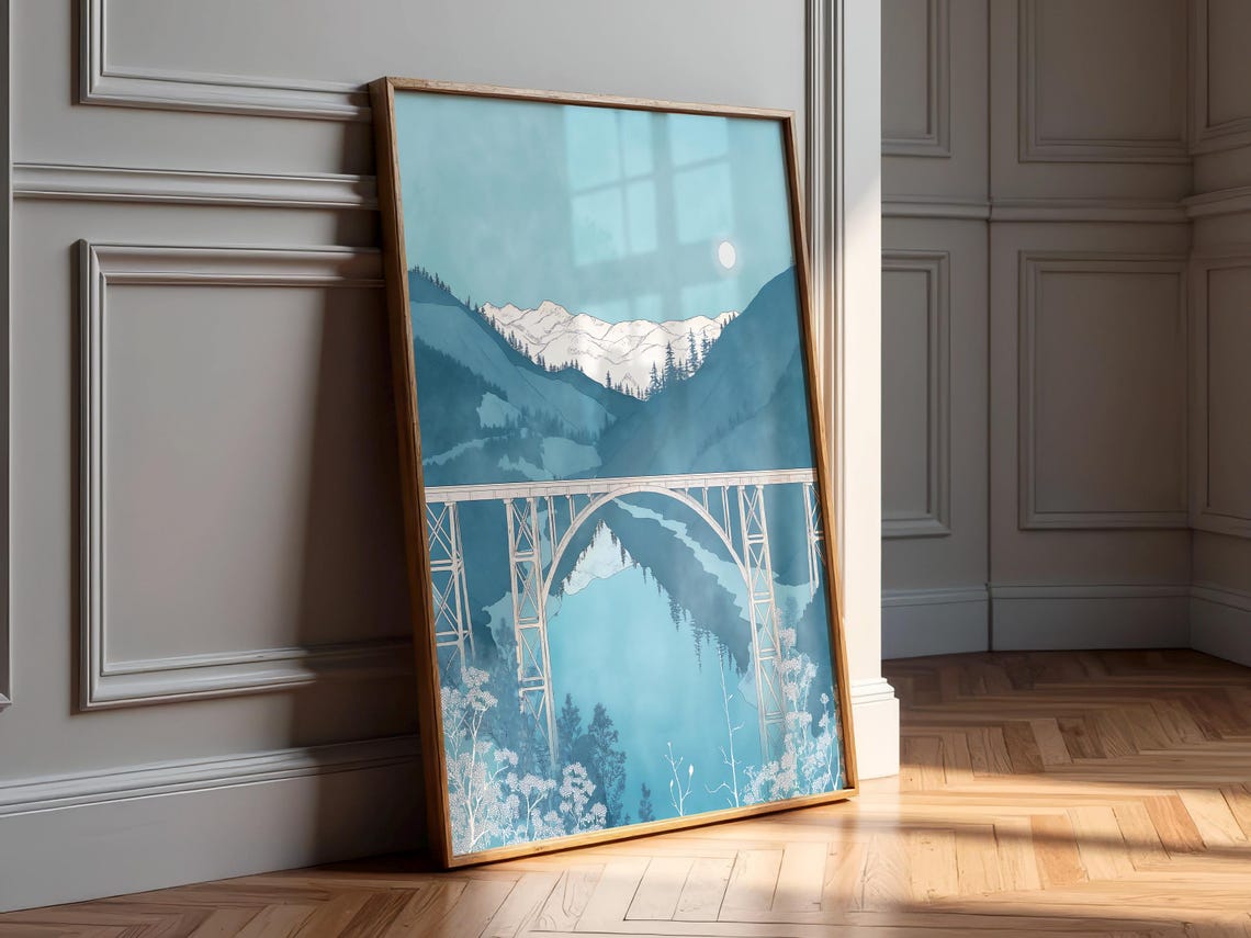 Blue Line Art Mountain Lake Bridge Moon Reflection Serene Poster