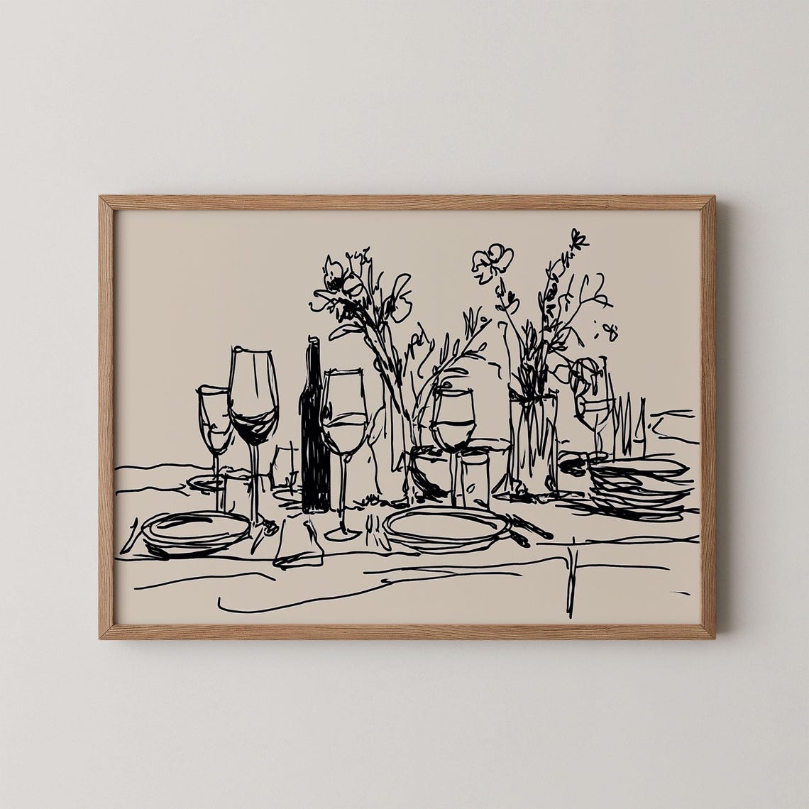 Minimalist Dining Table Line Art Wine Glasses Kitchen Sketch Poster