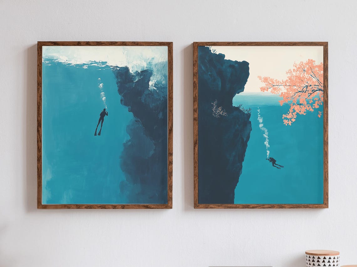 Scuba Diver Silhouette Ocean Waves Art Print Set Of Two Diving