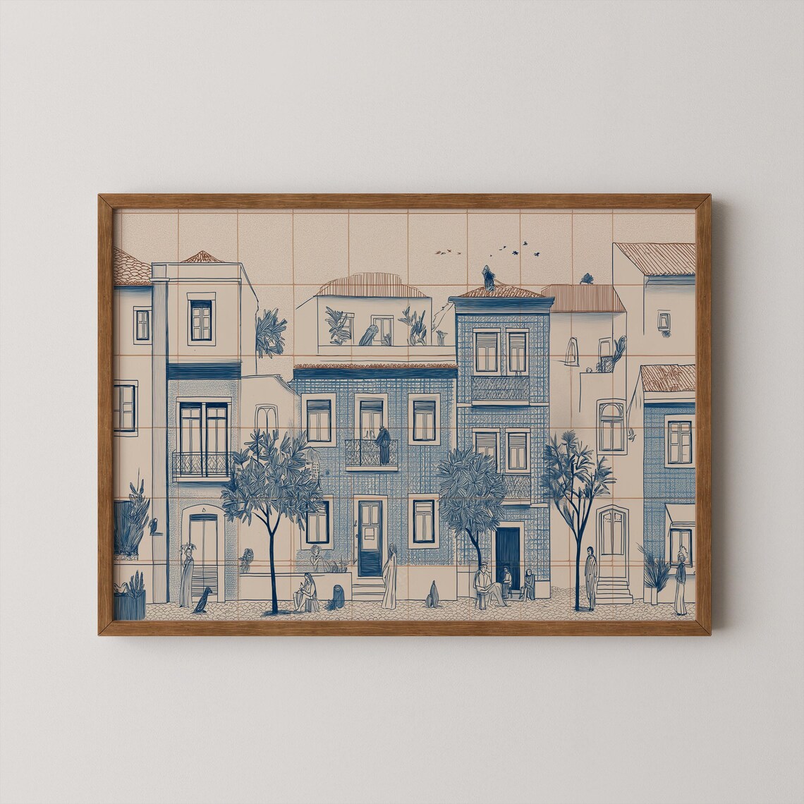 Portuguese Tiles Blue Azulejos Lisboa Street Scene Kitchen Art Print